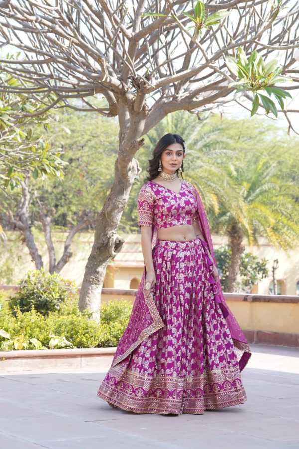 Lorenvalley Magenta Pure Viscose Jacquard with Embroidered Sequins work Lehenga Choli Hot on Sale