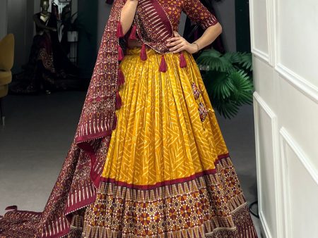 Lorenvalley Mustard Tussar Silk Bandhej And Ajarakh Print Lehenga Choli with Dupatta Fashion