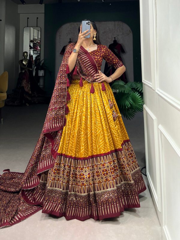 Lorenvalley Mustard Tussar Silk Bandhej And Ajarakh Print Lehenga Choli with Dupatta Fashion