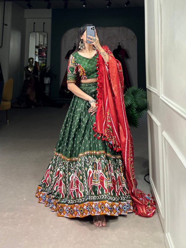 Lorenvalley Green Dola Silk Patola Print With Gamthi Work Lace Border Lehenga Choli with Dupatta on Sale