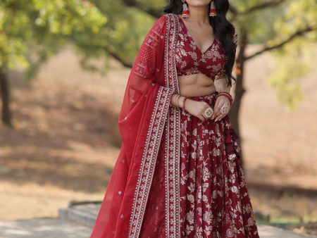 Lorenvalley Maroon Pure Viscose Jacquard with Embroidered Sequins work Lehenga Choli Online Hot Sale