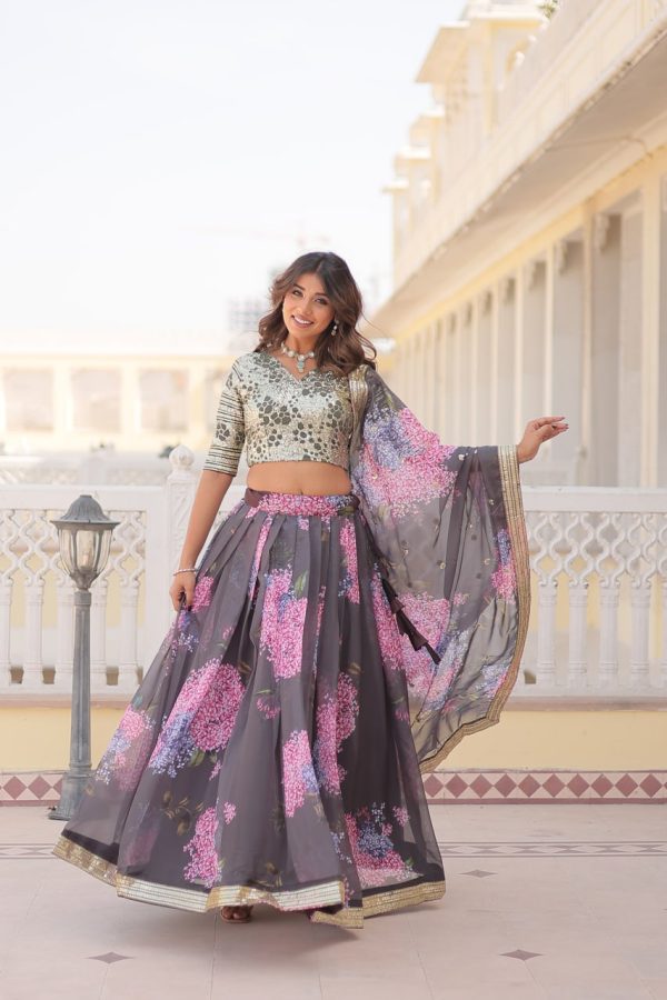 Lorenvalley Grey Russian Silk Digital Printed with Embroidered Sequins work Lehenga Choli Sale