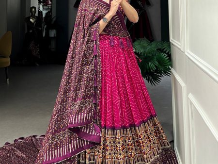 Lorenvalley Pink Tussar Silk Bandhej And Ajarakh Print Lehenga Choli with Dupatta Online Hot Sale