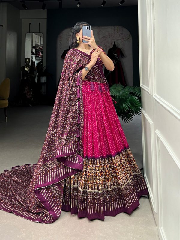 Lorenvalley Pink Tussar Silk Bandhej And Ajarakh Print Lehenga Choli with Dupatta Online Hot Sale