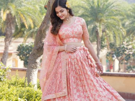 Lorenvalley Peach Pure Viscose Jacquard with Embroidered Sequins work Lehenga Choli Cheap