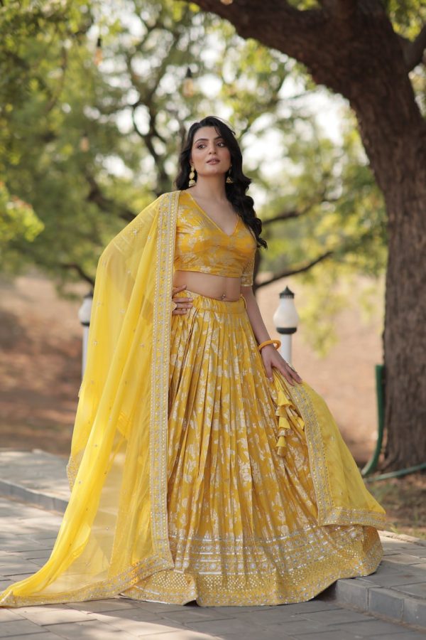 Lorenvalley Yellow Pure Viscose Jacquard with Embroidered Sequins work Lehenga Choli Fashion