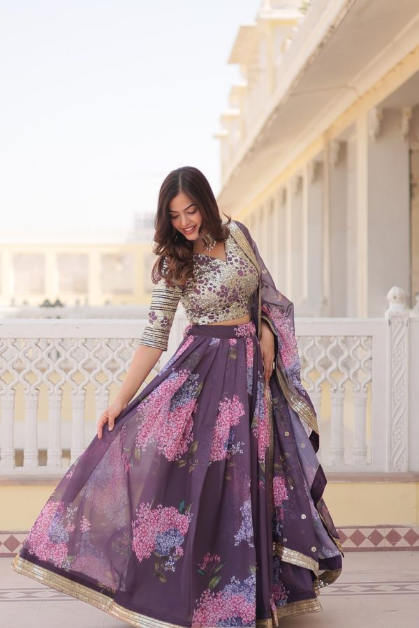 Lorenvalley Purple Russian Silk Digital Printed with Embroidered Sequins work Lehenga Choli Online