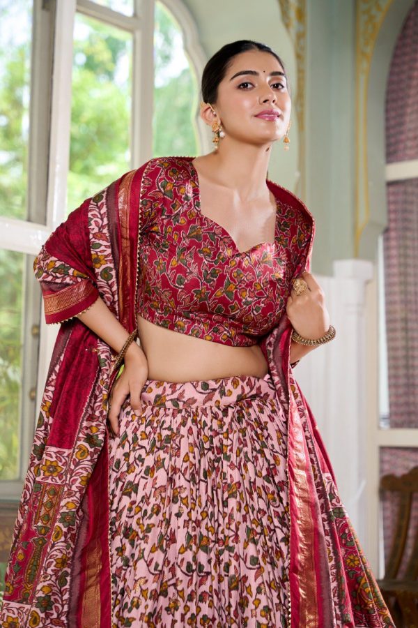 Lorenvalley Maroon Tussar Silk Floral Print with Foil Print Lehenga Choli with Dupatta Online Hot Sale