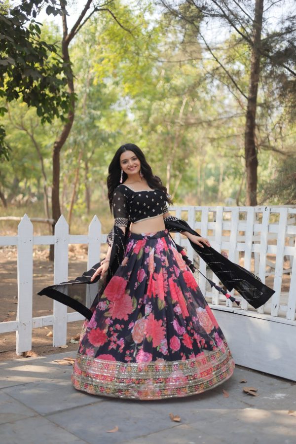 Lorenvalley Black Faux Georgette Digital Printed with Sequins & Thread Embroidered work Lehenga Choli Online