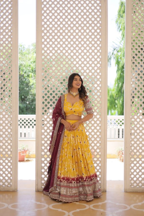 Lorenvalley Yellow Pure Viscose Jacquard with 2D Dyeing and Embroidered Sequins work Lehenga Choli Online Sale