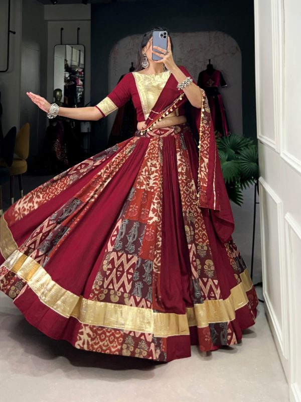 Lorenvalley Maroon Rayon and Tussar Silk Plain And Printed With Embossed Design Gota Lace Lehenga Choli with Dupatta Online now