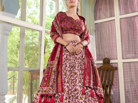 Lorenvalley Maroon Tussar Silk Floral Print with Foil Print Lehenga Choli with Dupatta Online Hot Sale