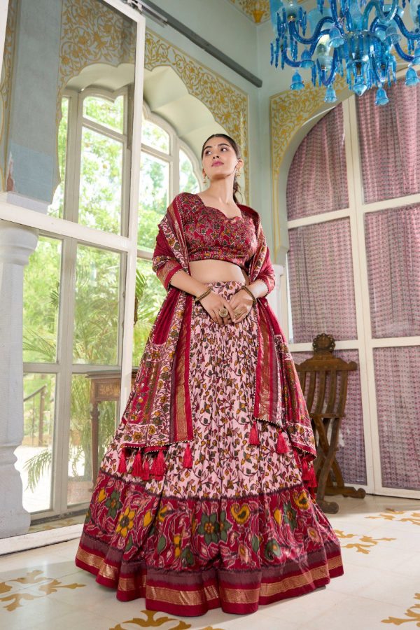 Lorenvalley Maroon Tussar Silk Floral Print with Foil Print Lehenga Choli with Dupatta Online Hot Sale