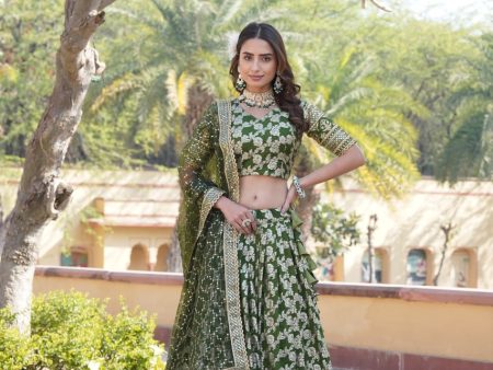 Lorenvalley Green Pure Viscose Jacquard with Embroidered Sequins work Lehenga Choli For Sale