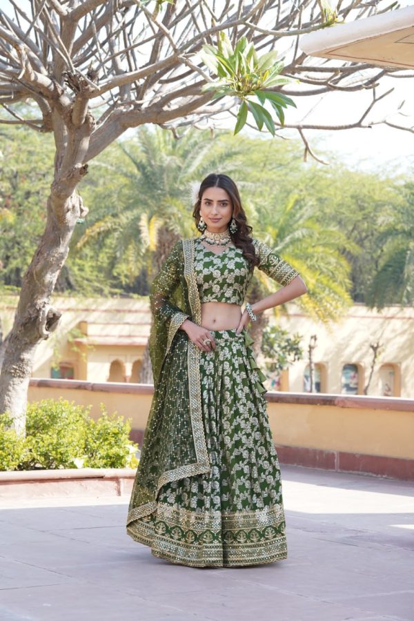 Lorenvalley Green Pure Viscose Jacquard with Embroidered Sequins work Lehenga Choli For Sale