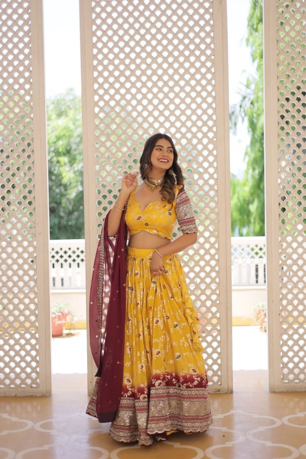 Lorenvalley Yellow Pure Viscose Jacquard with 2D Dyeing and Embroidered Sequins work Lehenga Choli Online Sale