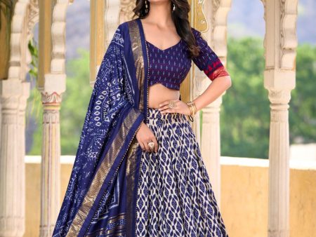 Lorenvalley Blue Tussar Silk Ikkat Print With Foil Work Lehenga Choli with Dupatta Cheap