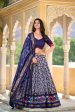 Lorenvalley Blue Tussar Silk Ikkat Print With Foil Work Lehenga Choli with Dupatta Cheap