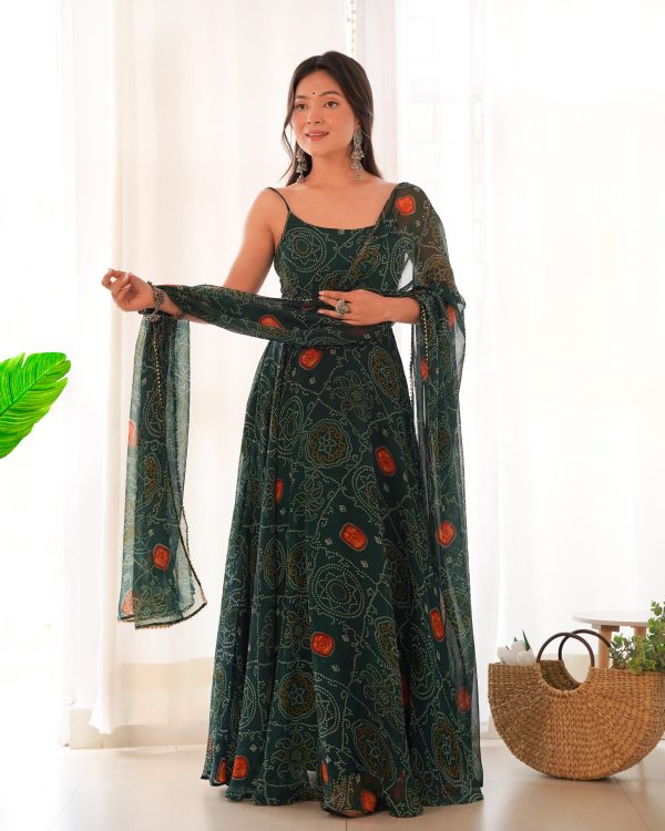 Lorenvalley Women Soft Chiffon Bandhej Fabric Print Fully Flair Anarkali With Pant Dupatta Set - Green Hot on Sale