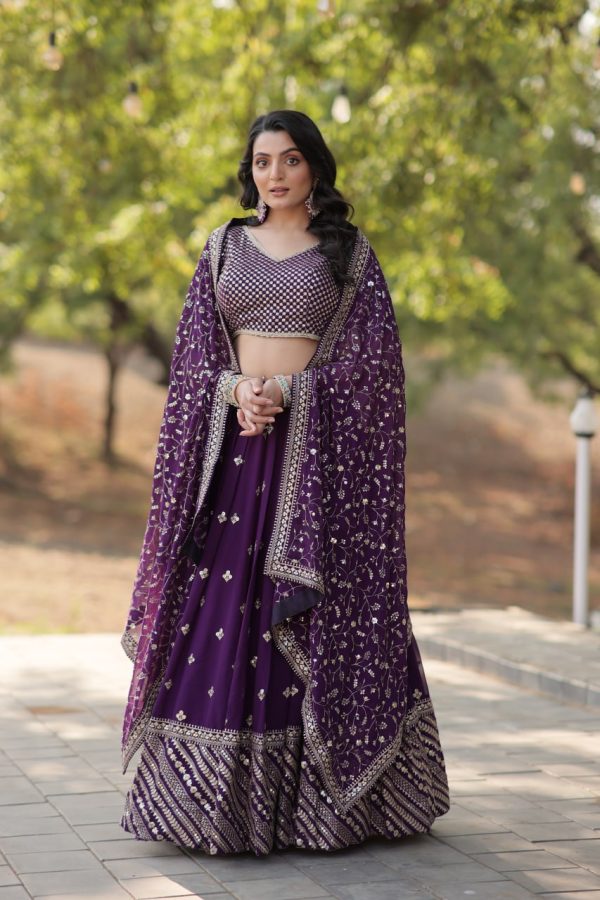 Lorenvalley Purple Faux Blooming Georgette with Sequins & Thread Embroidered work Lehenga Choli For Discount