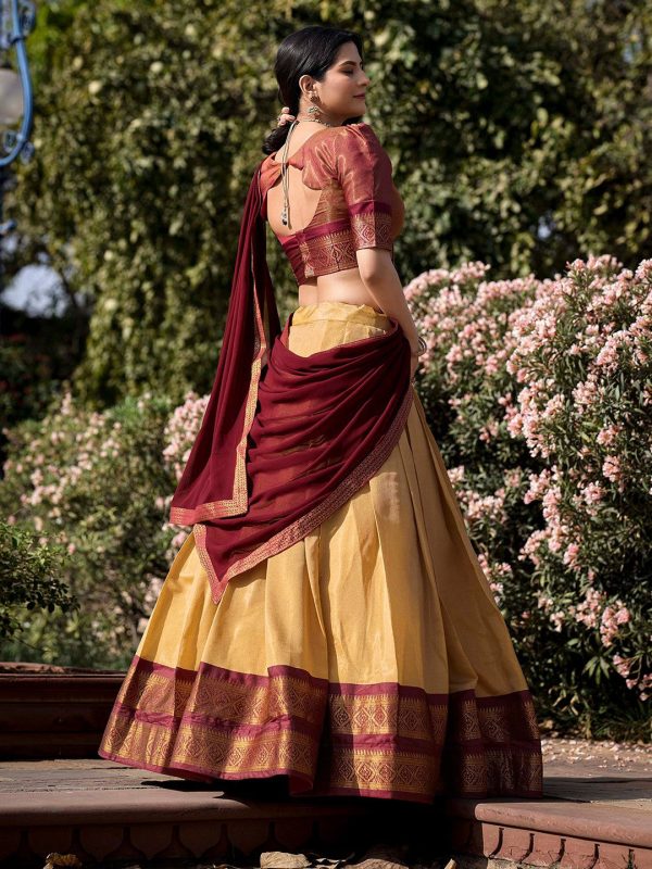 Lorenvalley Cream Kanchipuram Zari Weaving Work Lehenga Choli with Dupatta Discount