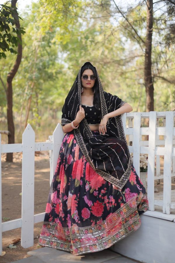 Lorenvalley Black Faux Georgette Digital Printed with Sequins & Thread Embroidered work Lehenga Choli Online