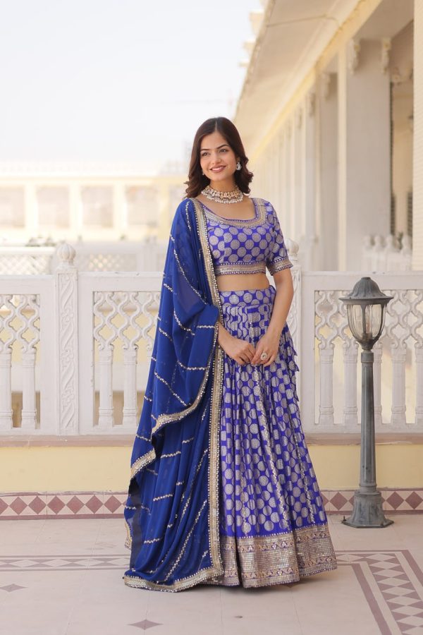 Lorenvalley Blue Pure Viscose Jacquard with Embroidered Sequins work Lehenga Choli For Cheap