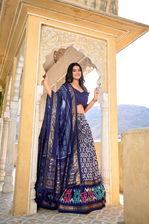 Lorenvalley Blue Tussar Silk Ikkat Print With Foil Work Lehenga Choli with Dupatta Cheap