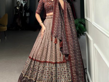 Lorenvalley Brown Tussar Silk Bandhej And Ajarakh Print Lehenga Choli with Dupatta For Cheap