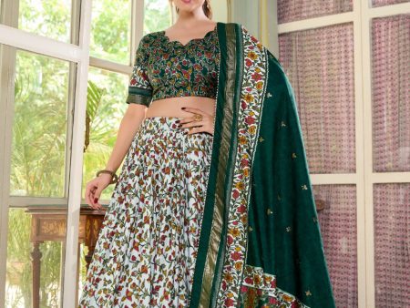 Lorenvalley Green Tussar Silk Floral Print with Foil Print Lehenga Choli with Dupatta Discount