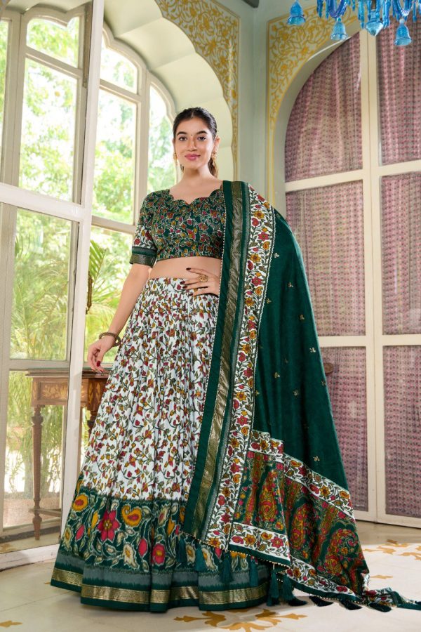 Lorenvalley Green Tussar Silk Floral Print with Foil Print Lehenga Choli with Dupatta Discount