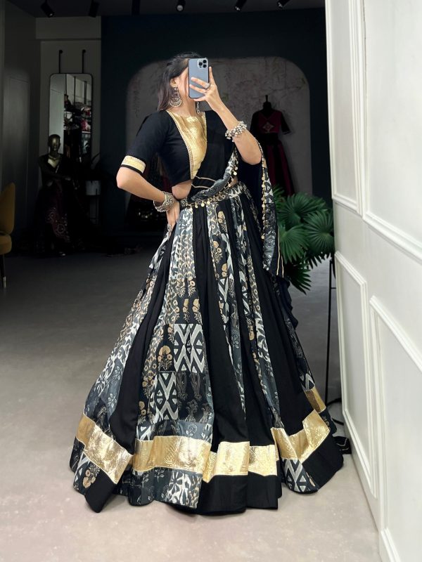 Lorenvalley Rayon and Tussar Silk Black Plain And Printed With Embossed Design Gota Lace Lehenga Choli with Dupatta Online Sale