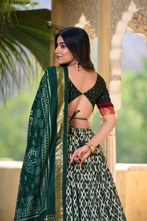 Lorenvalley Green Tussar Silk Ikkat Print With Foil Work Lehenga Choli with Dupatta Online now