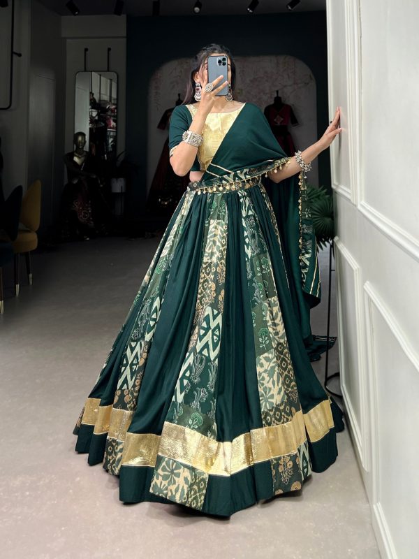 Lorenvalley Rayon and Tussar Silk Green Plain And Printed With Embossed Design Gota Lace Lehenga Choli with Dupatta Sale