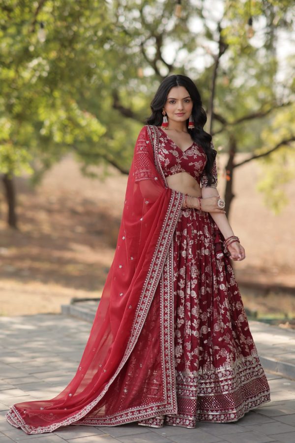 Lorenvalley Maroon Pure Viscose Jacquard with Embroidered Sequins work Lehenga Choli Online Hot Sale