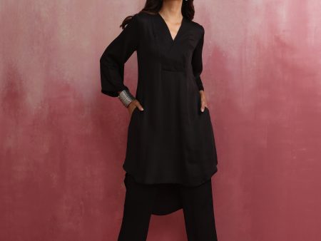 trueBrowns Black V Neck Kurta Co-ord Set on Sale