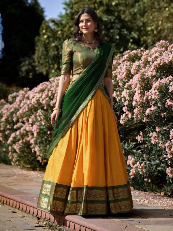 Lorenvalley Yellow Kanchipuram Zari Weaving Work Lehenga Choli with Dupatta Online Sale