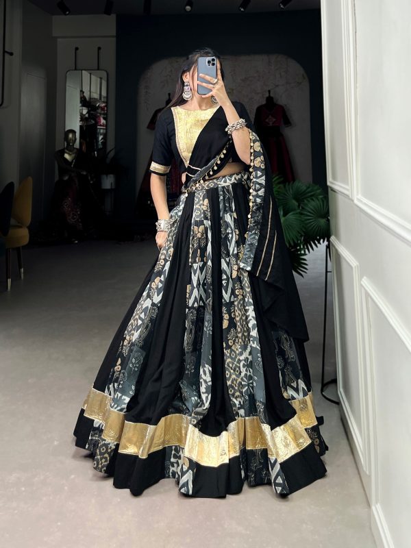 Lorenvalley Rayon and Tussar Silk Black Plain And Printed With Embossed Design Gota Lace Lehenga Choli with Dupatta Online Sale