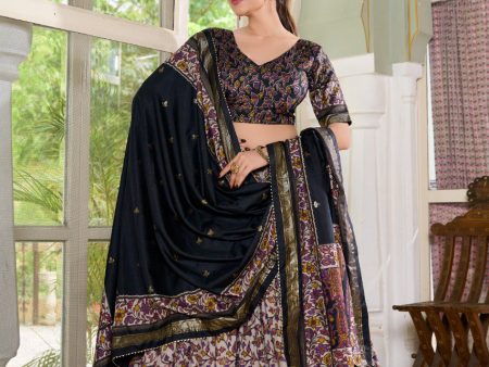 Lorenvalley Black Tussar Silk Floral Print with Foil Print Lehenga Choli with Dupatta For Sale